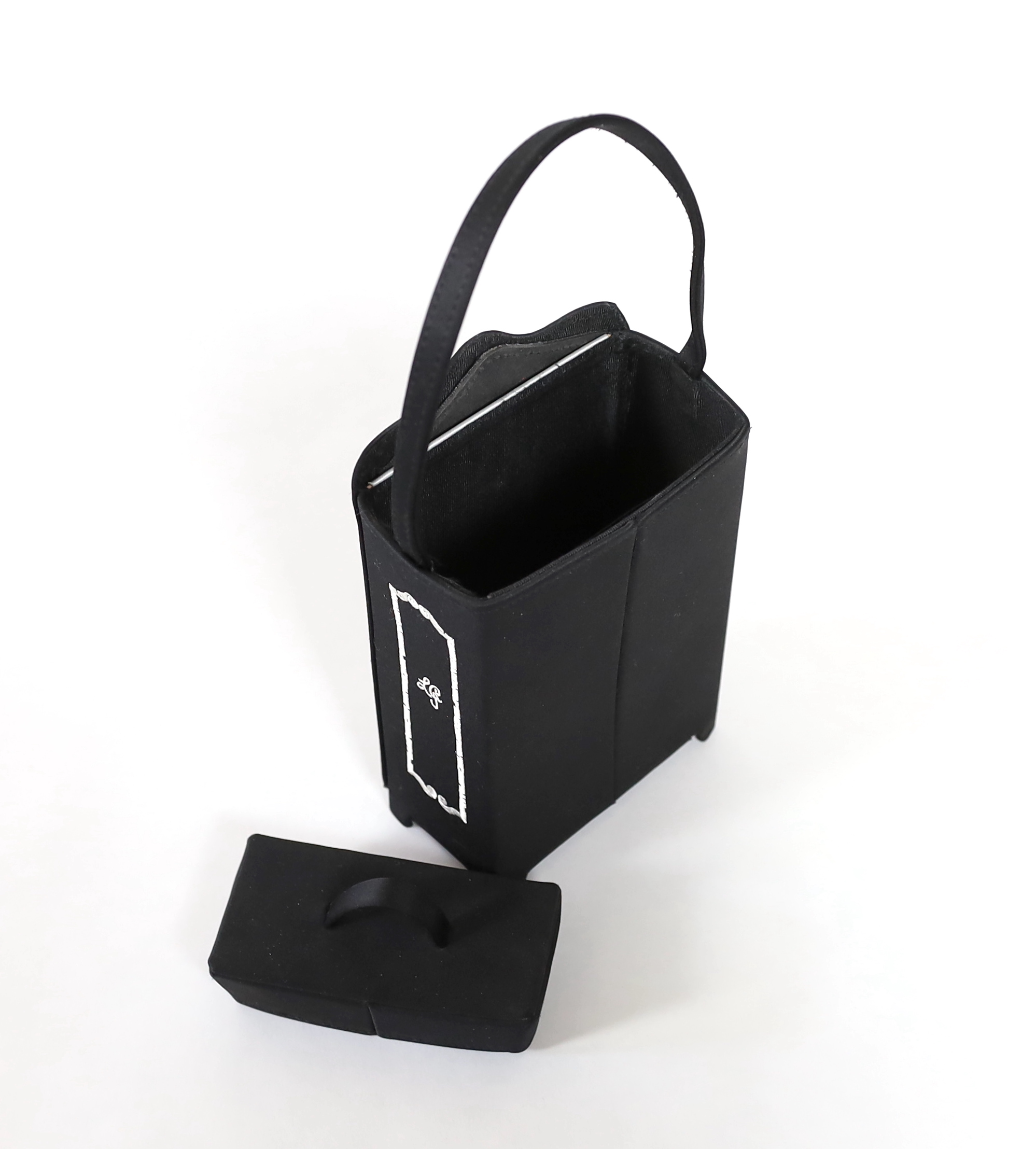 A Lulu Guinness vintage black satin Wardrobe Novelty bag with original dust bag, ribbon and box, height 20cm, height to strap 29cm, width 12cm, depth 7cm